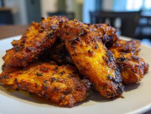 Close-up of perfectly crispy, seasoned potato wedges piled on a white plate.