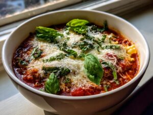 A close-up of a white bowl filled with rich crockpot lasagna soup, topped with melted cheese and fresh basil.