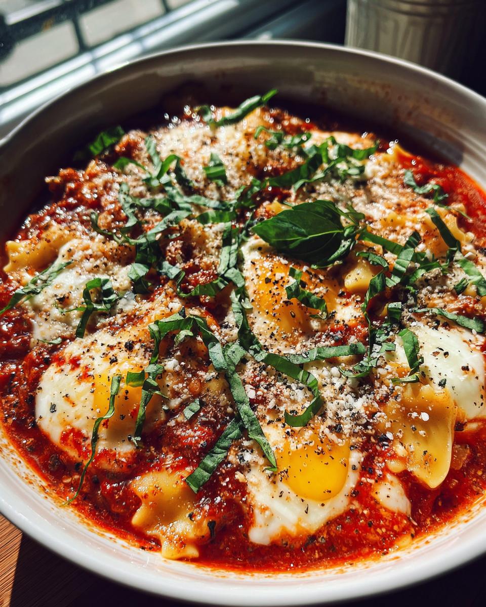 Close-up of a bowl of rich crockpot lasagna soup topped with melted cheese, fresh basil, and black pepper.