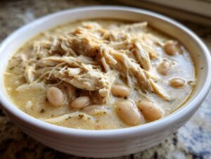 Close-up of a white bowl filled with creamy crockpot white chicken chili, showing shredded chicken and white beans.