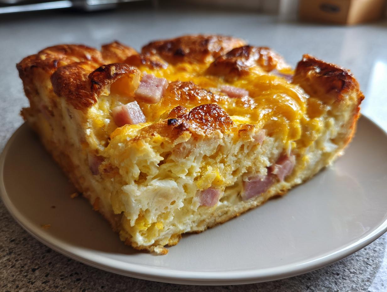 A thick, golden-brown slice of Croissant Breakfast Casserole with visible ham pieces and melted cheese.