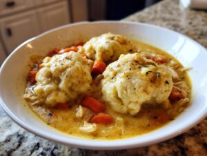 Close-up of a white bowl filled with rich, creamy chicken and dumpling stew, featuring fluffy dumplings and bright carrots.