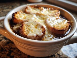 Close-up of a steaming bowl of french onion soup recipe topped with toasted bread and melted Gruyère cheese.
