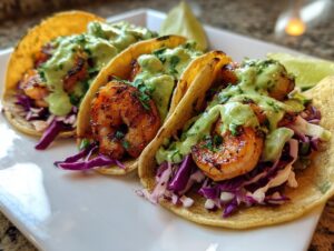 Close-up of three perfectly assembled shrimp taco with grilled shrimp, purple cabbage slaw, and creamy green sauce.