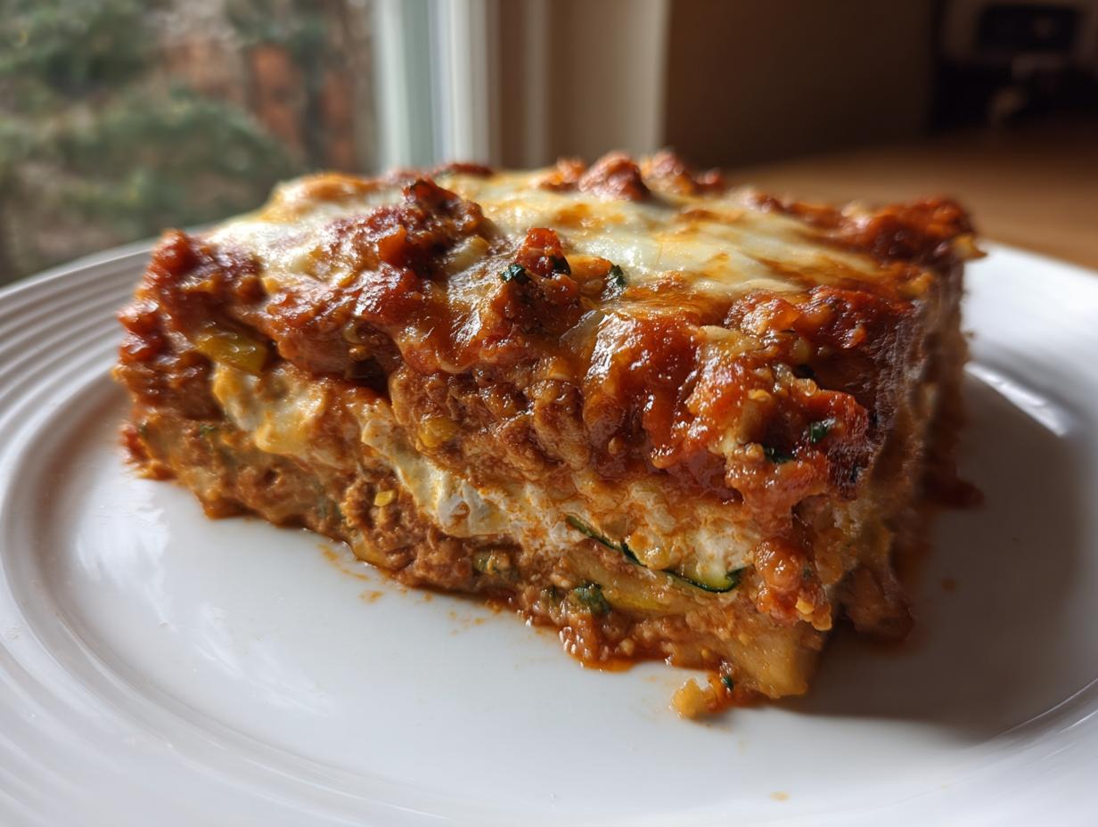 A thick, layered slice of zucchini lasagna topped with rich tomato sauce and melted mozzarella cheese.