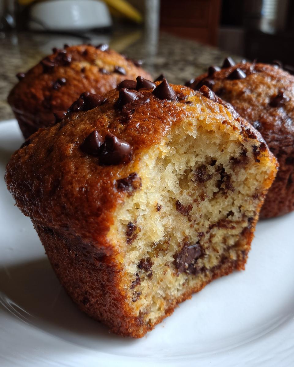 Close-up of a fluffy banana chocolate chip muffin with a bite taken out, revealing moist interior and melted chocolate chips.