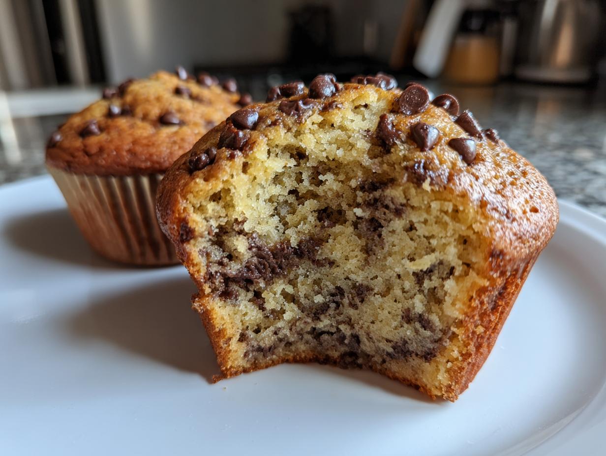 Close-up of a fluffy banana chocolate chip muffin cut in half showing moist texture and chocolate swirls.