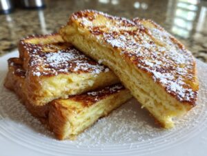 A stack of thick, fluffy easy french toast slices dusted generously with powdered sugar on a white plate.