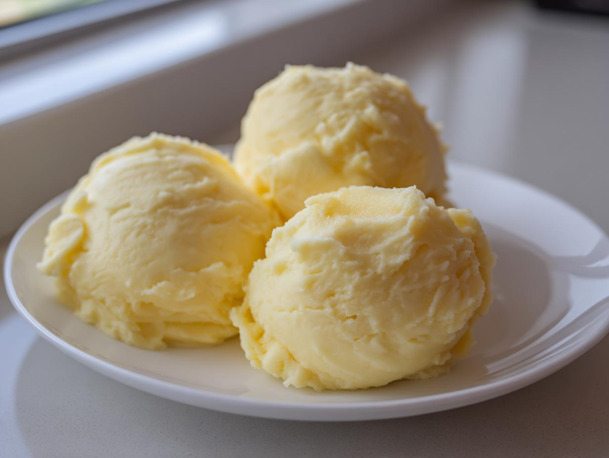 Three perfectly fluffy scoops of creamy, yellow mashed potatoes served on a white plate.