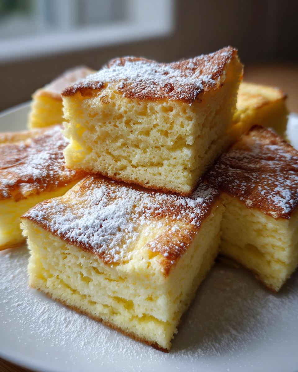 Close-up of fluffy, square slices of sheet pan pancakes dusted with powdered sugar.