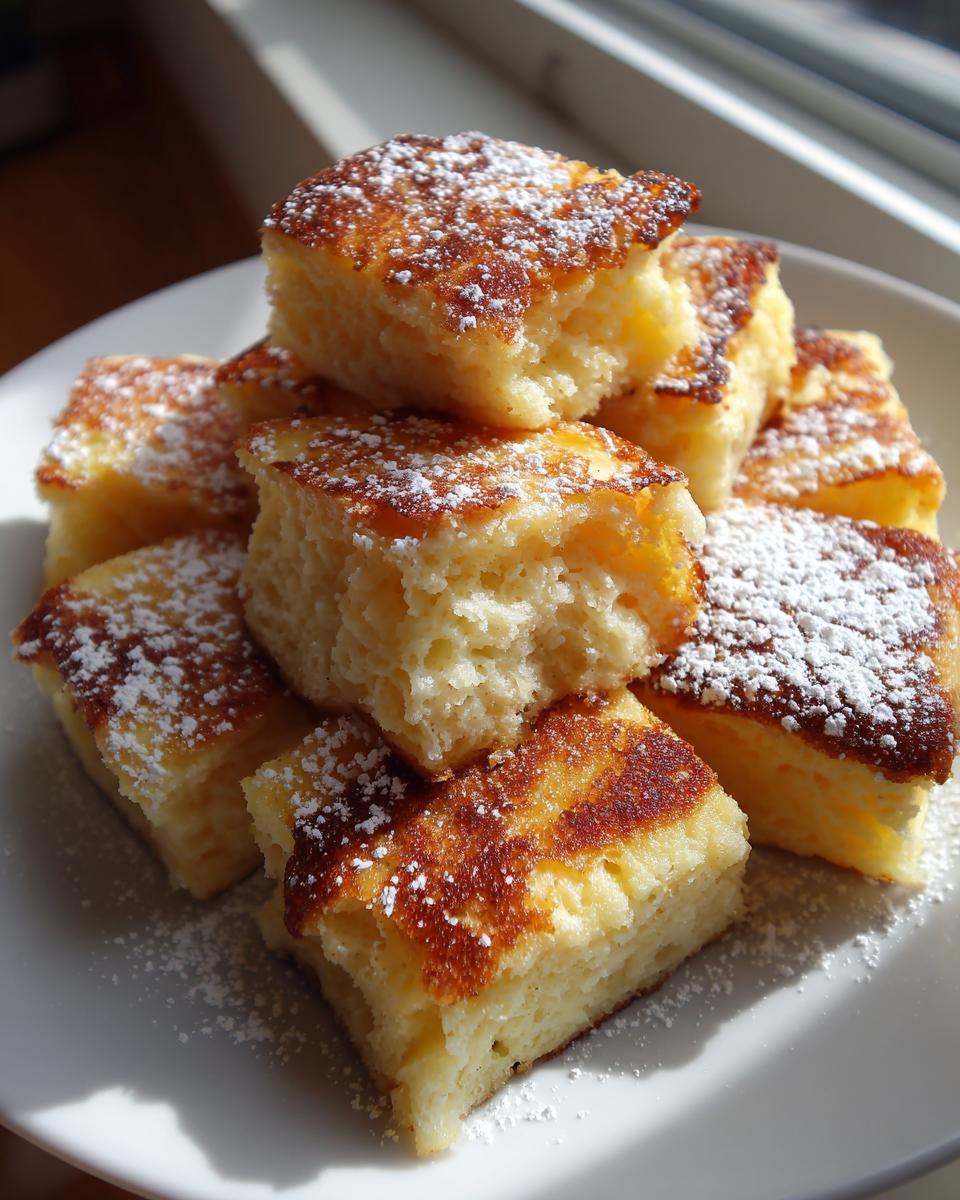 A stack of fluffy, golden-brown squares of sheet pan pancakes dusted generously with powdered sugar.