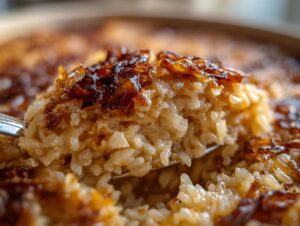 A close-up spoonful of fluffy french onion butter rice topped with dark, caramelized onions.
