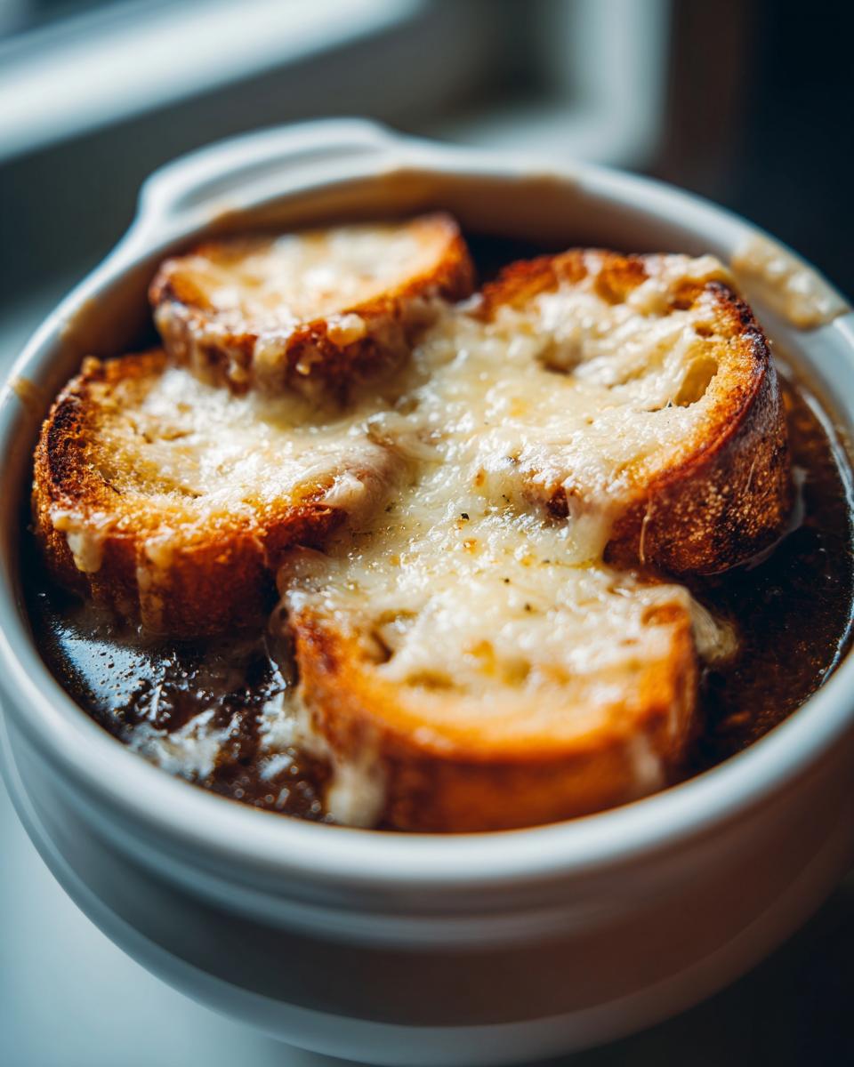 Close-up of a bowl of rich french onion soup recipe topped with melted Gruyère cheese over toasted bread slices.