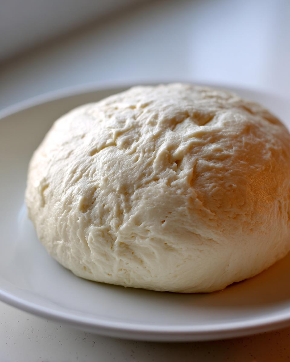 A close-up of a smooth, pale ball of freshly prepared fufu dough resting on a white plate.