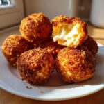A pile of crispy, golden brown fried goat cheese balls on a white plate, one is broken open showing the creamy interior.