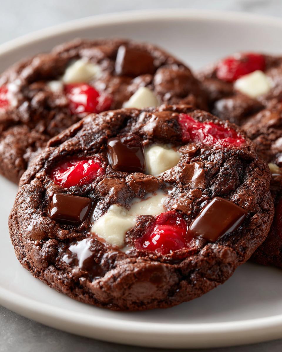 Close-up of rich, fudgy chocolate cherry cookies studded with dark chocolate chunks, white chocolate chips, and bright red cherries.