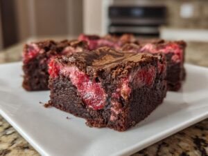 Close-up of a fudgy strawberry brownie square showing bright red fruit baked into the rich chocolate batter.