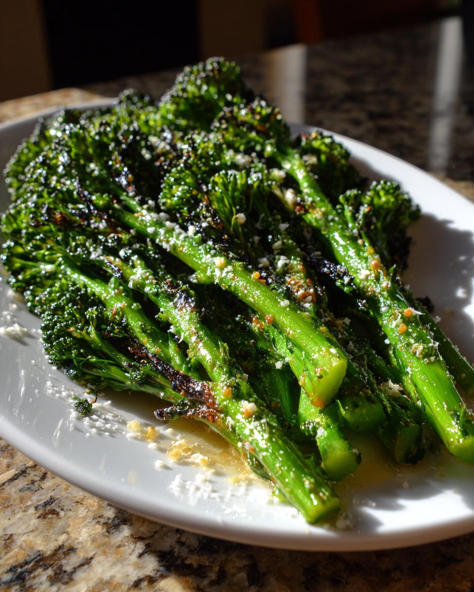 A serving of bright green, roasted broccolini topped with grated cheese and seasoning, ready to eat.