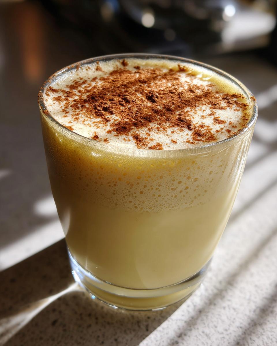 Close-up of a glass filled with thick, creamy eggnog, topped with a dusting of ground cinnamon.