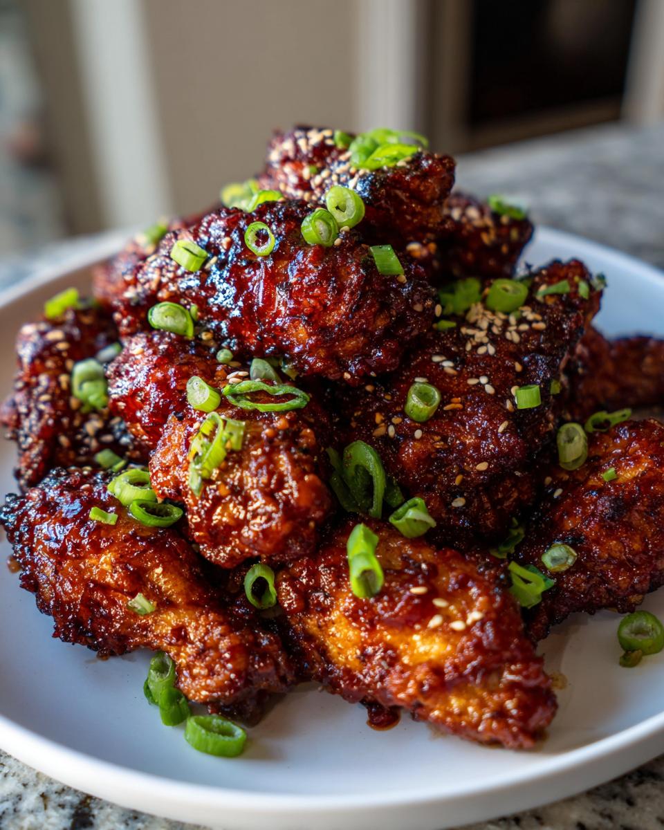 A pile of crispy, glazed Korean fried chicken wings topped with sesame seeds and sliced green onions.