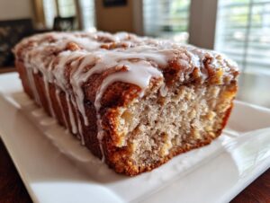 A close-up of a freshly baked loaf of apple bread with a thick white glaze drizzled over the top.