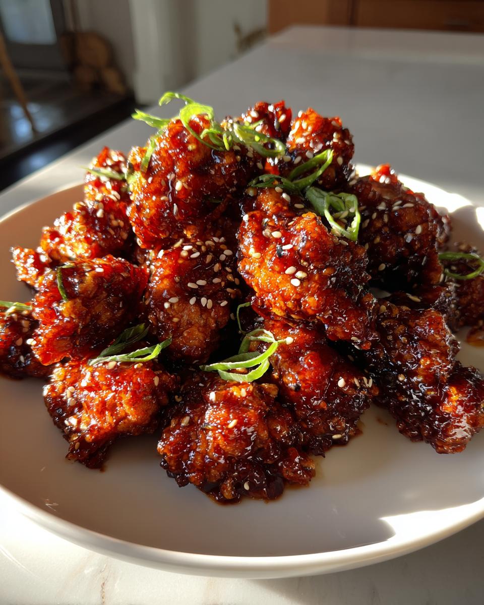A pile of glossy, dark red Korean fried chicken pieces coated in sauce, sprinkled with sesame seeds and green onions.