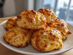 A close-up of several golden brown bisquick sausage balls piled on a white plate, featuring melted cheese.