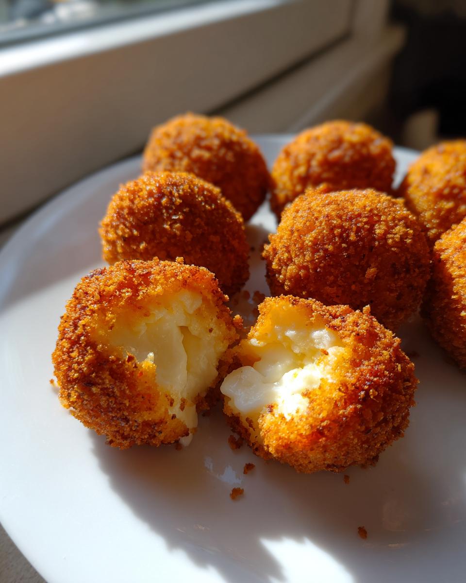 Close-up of crispy, golden fried goat cheese balls, one broken open showing the melted interior.