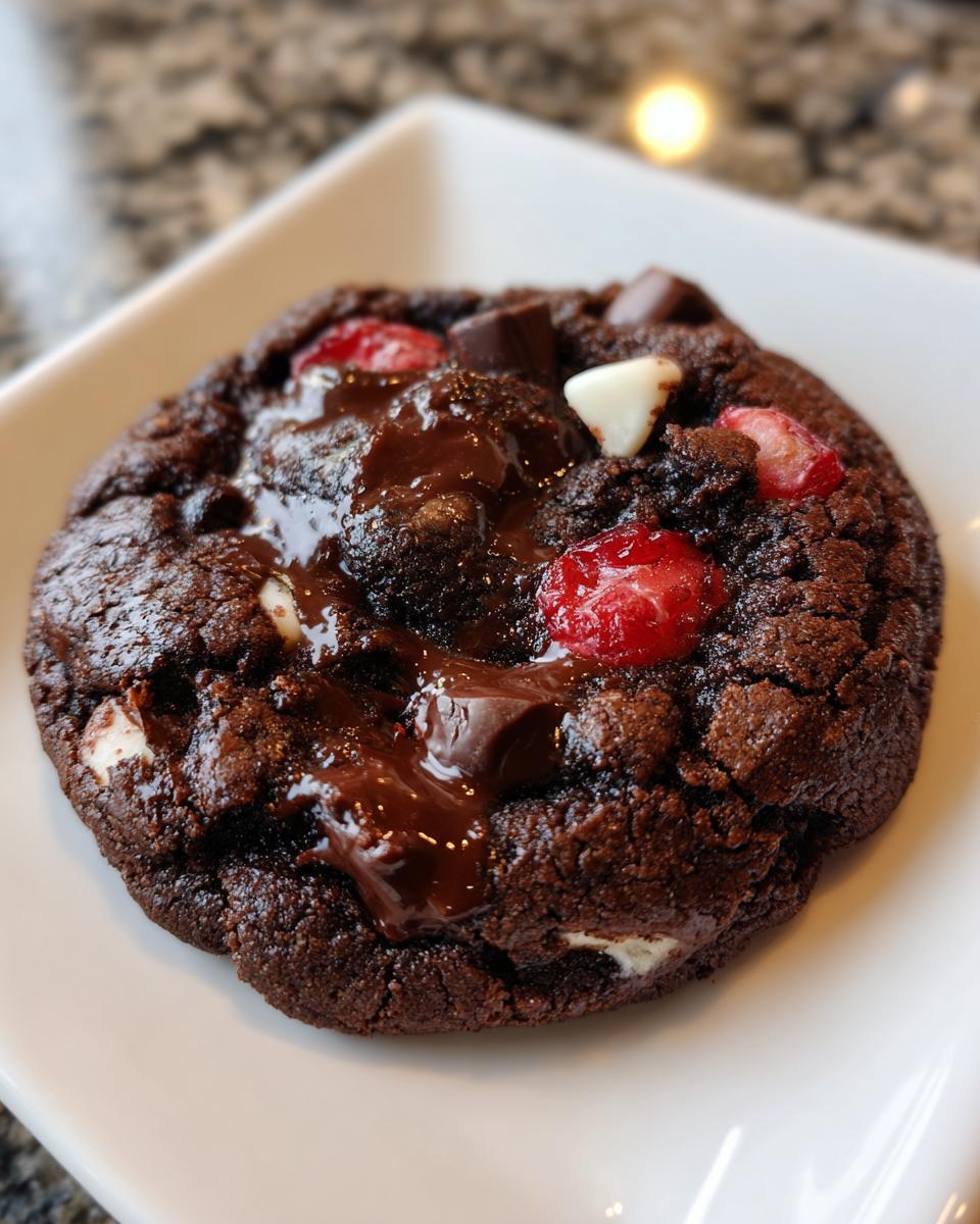 A close-up of a rich, dark chocolate cherry cookies with melted chocolate and visible cherry pieces.