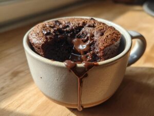 Close-up of a rich, dark chocolate mug cake with a molten center oozing over the side of a ceramic mug.