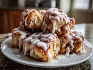 A stack of warm, gooey cinnamon roll bites generously drizzled with thick white icing on a white plate.