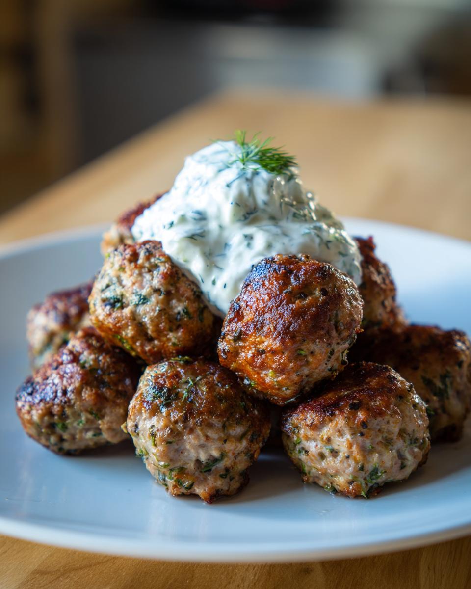 A pile of golden brown greek chicken meatballs topped with a dollop of creamy tzatziki sauce and fresh dill.
