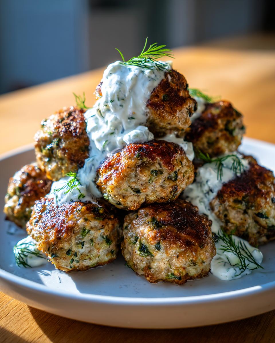 A stack of golden brown greek chicken meatballs generously topped with creamy tzatziki sauce and fresh dill.