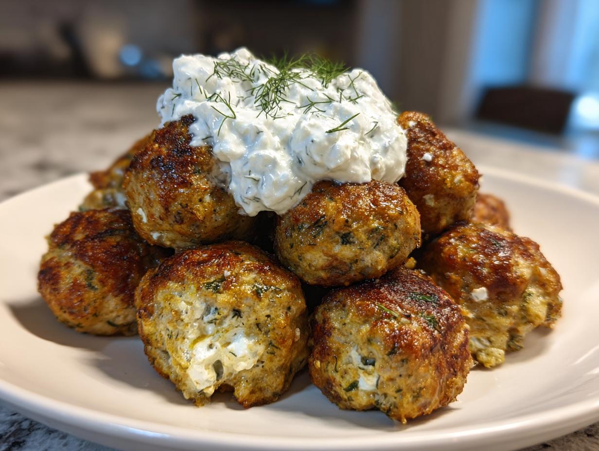 A mound of golden brown greek chicken meatballs topped with a dollop of creamy tzatziki sauce and fresh dill.