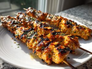 Three perfectly grilled, juicy chicken skewers seasoned with herbs resting on a white plate.