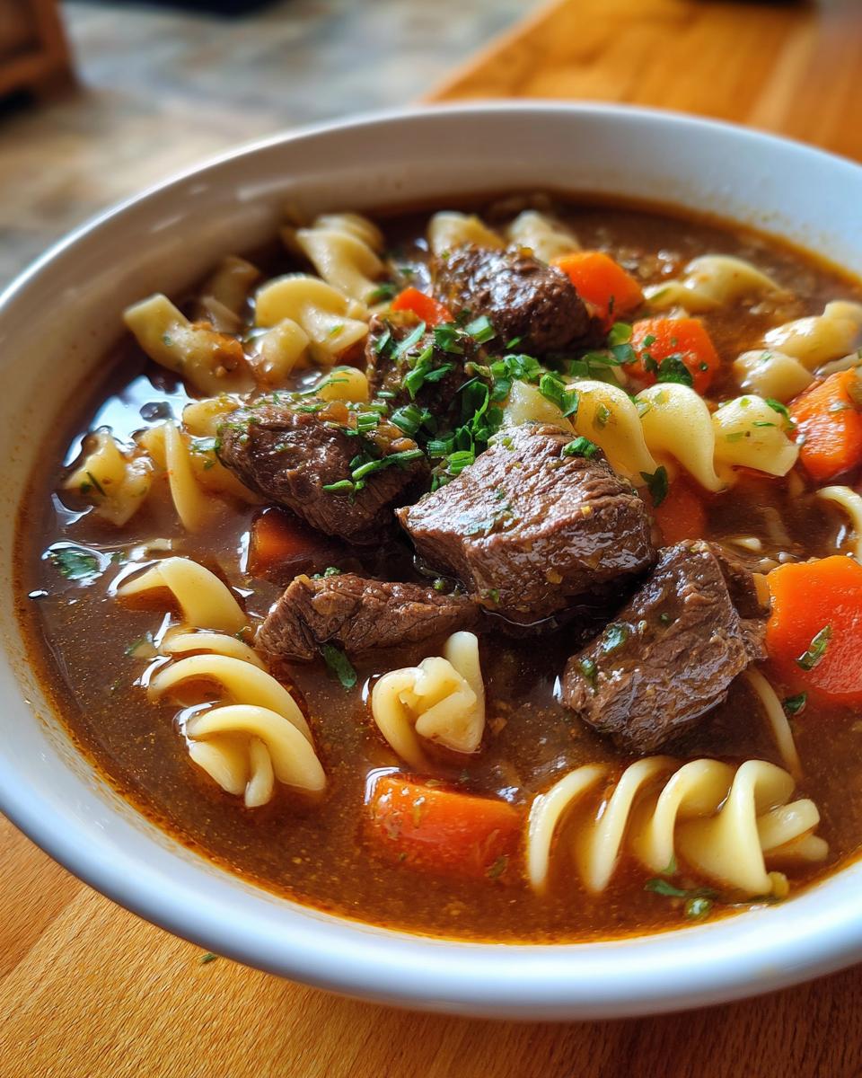 Close-up of a white bowl filled with rich beef noodle soup, featuring chunks of beef, spiral pasta, and carrots.