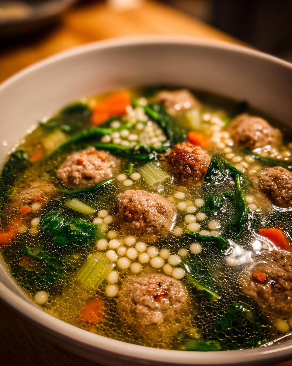 Close-up of a bowl of hot wedding soup featuring small meatballs, spinach, carrots, and acini di pepe pasta.