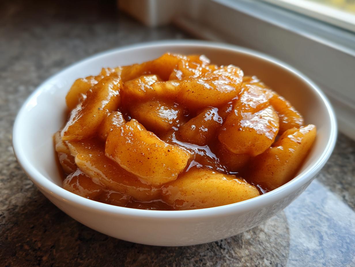 Close-up of glossy, cinnamon-spiced apple pie filling served in a small white bowl.