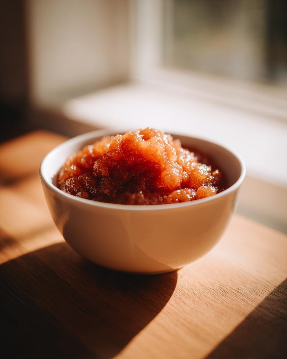 A small white bowl filled with chunky, reddish-brown homemade applesauce sits on a wooden surface bathed in sunlight.