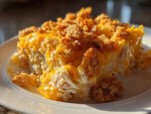 A close-up of a serving of hot chicken salad topped with melted cheddar cheese and crunchy breadcrumbs.