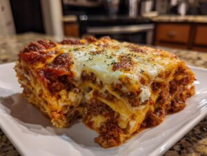 A thick, layered slice of rich Instant Pot Lasagna featuring meat sauce and melted, bubbly cheese topping.
