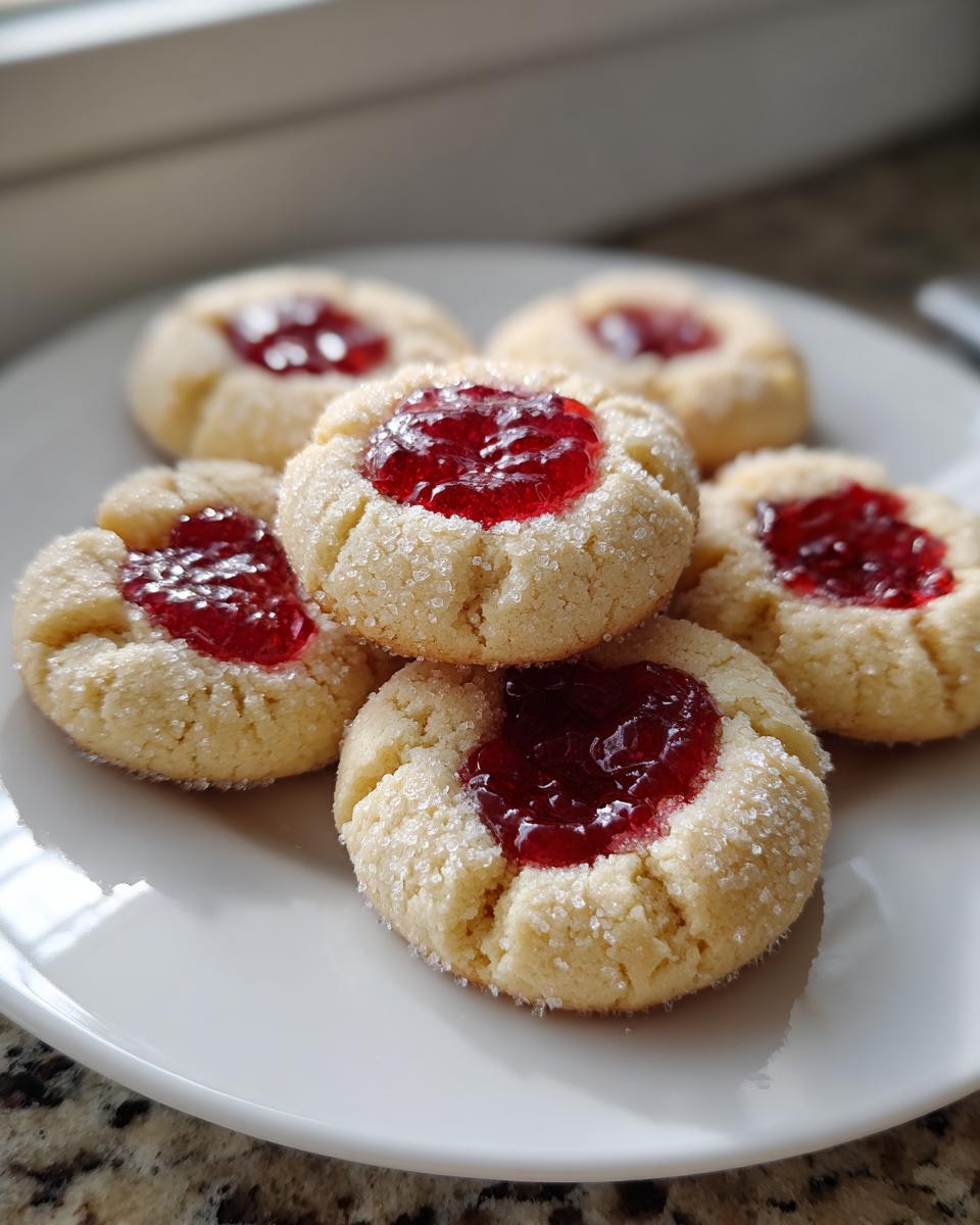 A stack of freshly baked thumbprint cookies coated in sugar with bright red raspberry jam centers.
