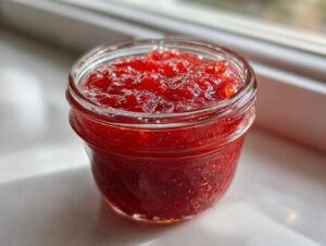 A close-up of a small glass jar filled with vibrant, textured strawberry freezer jam sitting on a white surface near a window.