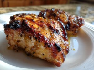 Close-up of grilled chicken breasts coated in a zesty chicken marinade, showing char marks.