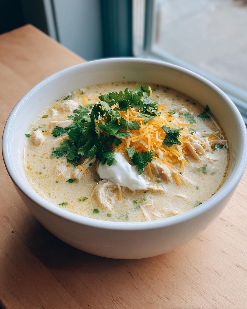 A close-up of a white bowl filled with creamy keto white chicken chili, topped with shredded cheese, sour cream, and cilantro.