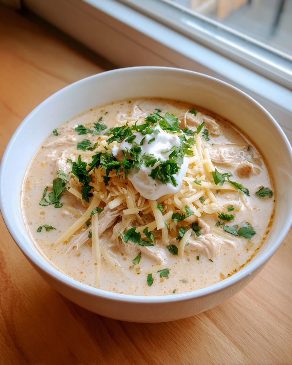A close-up of a bowl of creamy keto white chicken chili topped with shredded cheese, sour cream, and fresh parsley.