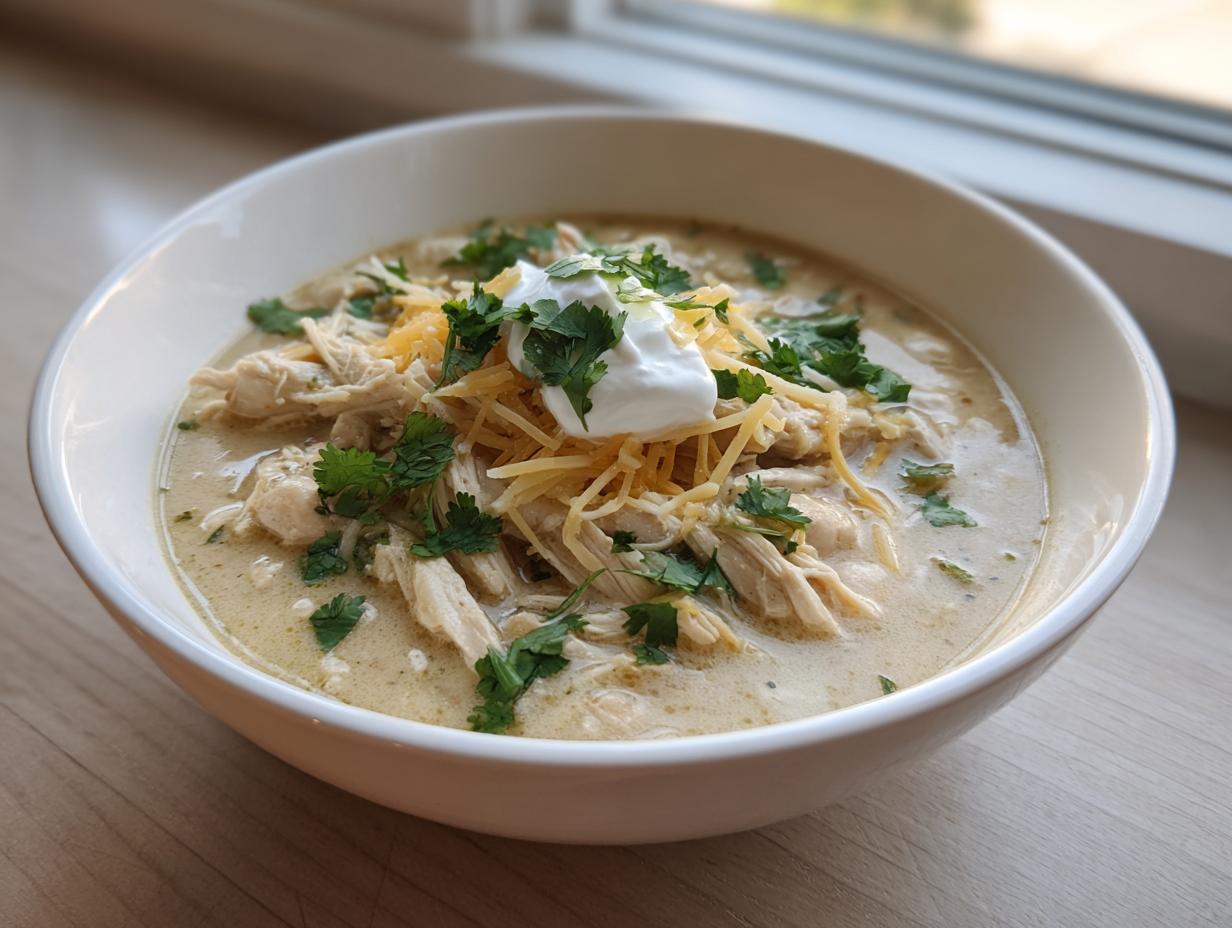 A close-up of a white bowl filled with keto white chicken chili, topped with shredded cheese, sour cream, and cilantro.