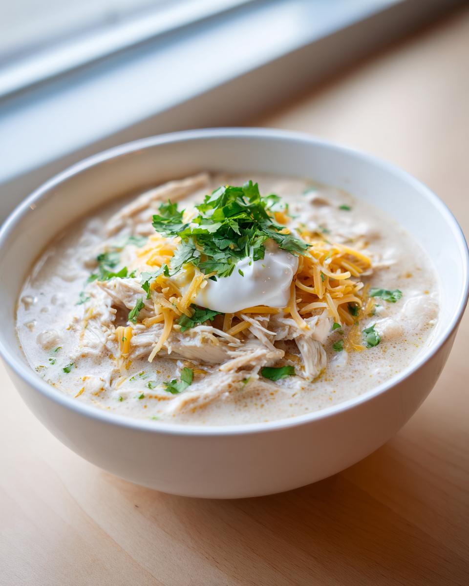 A close-up of a white bowl filled with creamy keto white chicken chili, topped with shredded cheese, sour cream, and fresh cilantro.