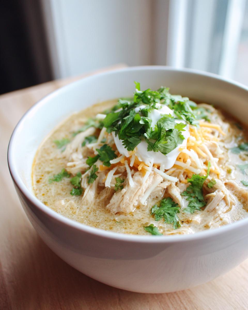 A white bowl filled with creamy keto white chicken chili, topped with shredded cheese, sour cream, and fresh cilantro.