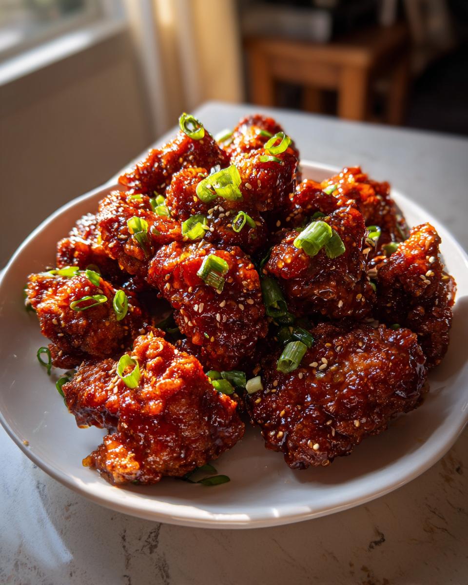 A close-up of crispy Korean fried chicken pieces coated in a shiny red glaze, garnished with sesame seeds and sliced green onions.